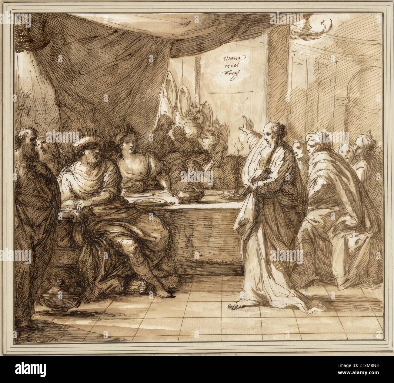 Das Bankett von Belshazzar. Der Prophet Daniel erklärt Belsazar, dem König von Babylon, der Königin und dem Hof die Worte "Mene tekel vares", basierend auf dem Fall seines Königreichs (Daniel 5:1-6), anonym, Zeichnung, Stift, Tinte, waschen, 23,3 x 26,0 cm, r.b. Herzog Albert von Sachsen-Teschen, Mitte oben in der Stiftzeichnung „Mana, Tecel, Fares“; Bleistift Nr. „9“ auf halbem Weg links im Lichtfeld Stockfoto