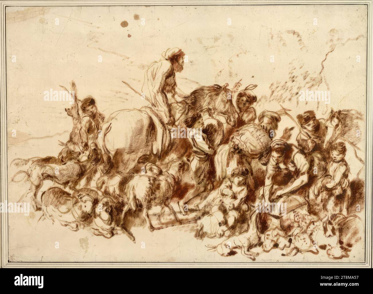 Jakobs Rückkehr, Giovanni Benedetto Castiglione (Genua 1609 - 1664 Mantua), Zeichnung, Gummitempera, 31 x 44 cm, l.l., Herzog Albert von Sachsen-Teschen Stockfoto