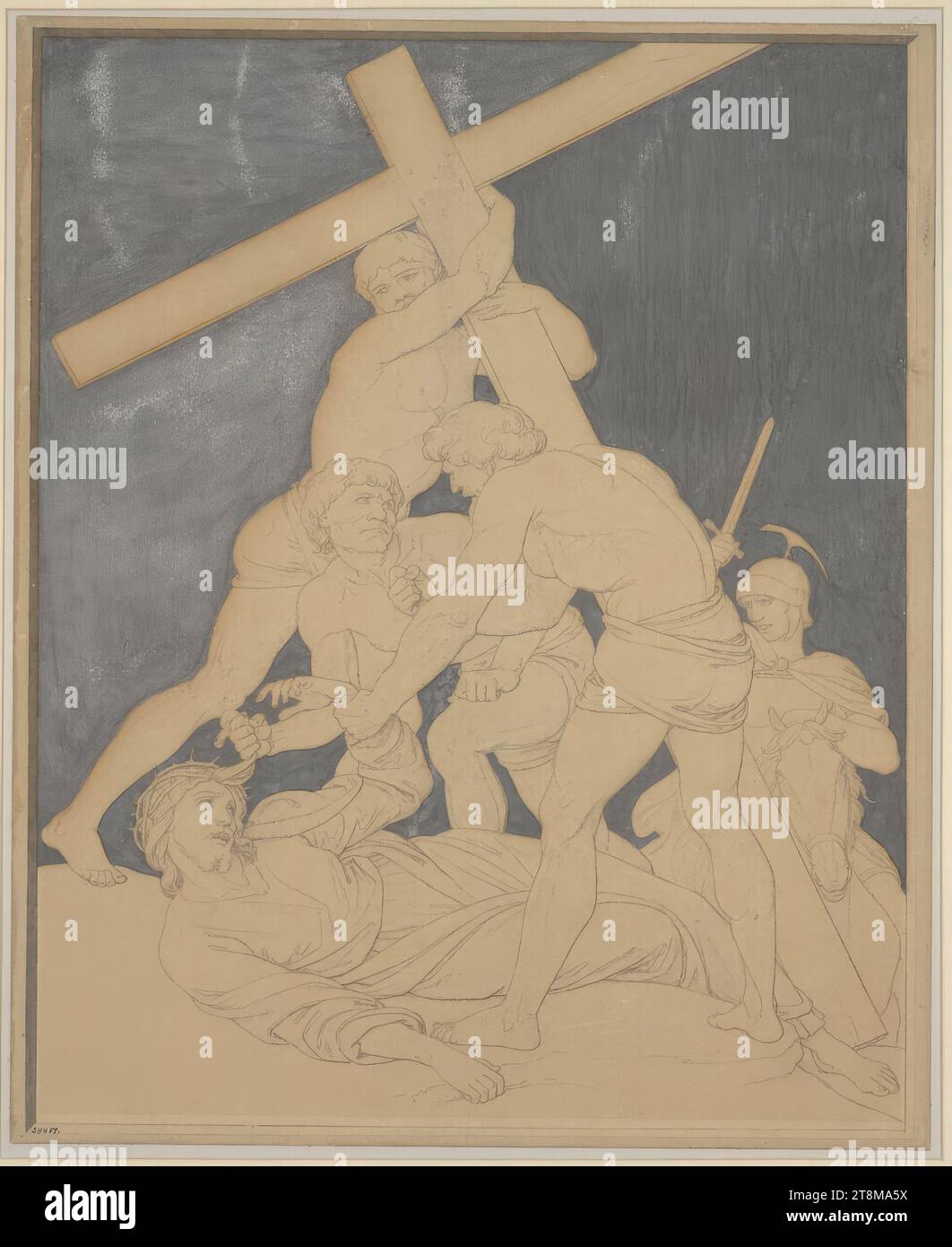 Christus fällt zum dritten Mal, Friedrich Overbeck (Lübeck 1789 – 1869 Rom), 1861, Zeichnung, schwarze Kreide, teilweise in weiß mit einem Pinsel auf gelblichem Papier erhöht, Hintergrund mit blauviolettem Deckmantel und Bleistiftschraffur bemalt, illusionistischer Rahmen mit einem Pinsel in grau bemalt, 54,2 x 44 cm Stockfoto