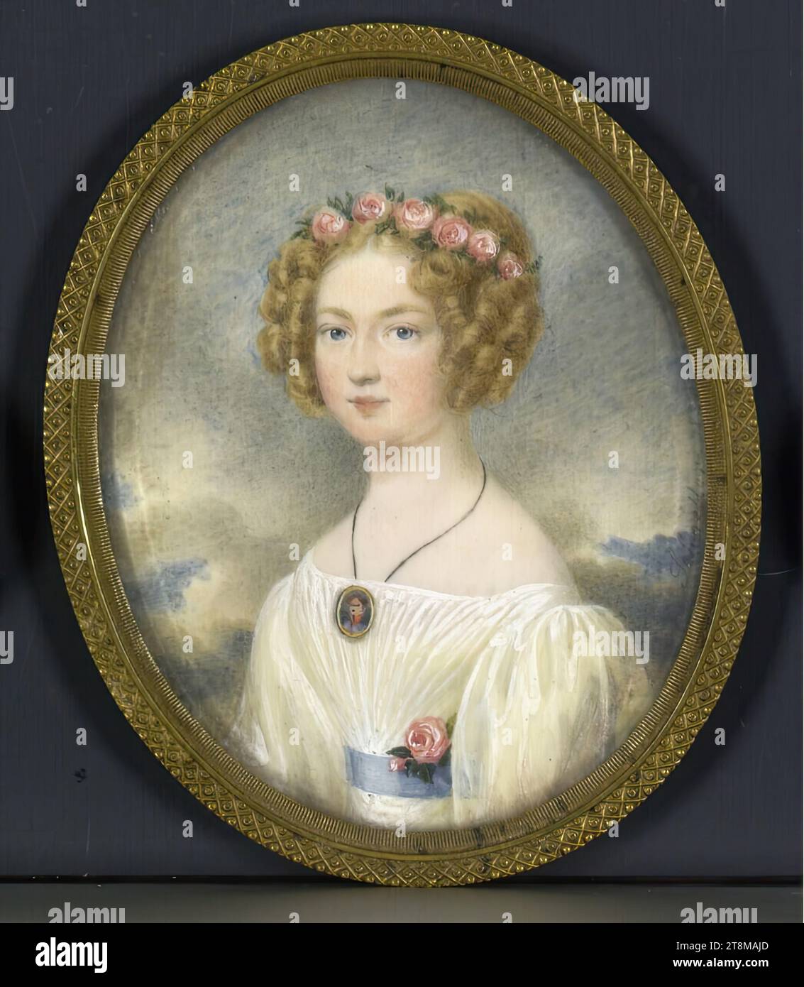 Gräfin Eleonore Postatzky-Liechtenstein, geborene Gräfin Clary, in einem weißen Kleid mit blauem Gürtel, einer Miniatur auf dem Kleid und Rosen im Haar, Johann Christian Schoeller (Rappoltsweiler 1782 - 1851 Wien), 1836, Zeichnung, Aquarell auf Elfenbein, 7,2 x 5,7 cm, handgeschriebener Vermerk auf der Rückseite Stockfoto