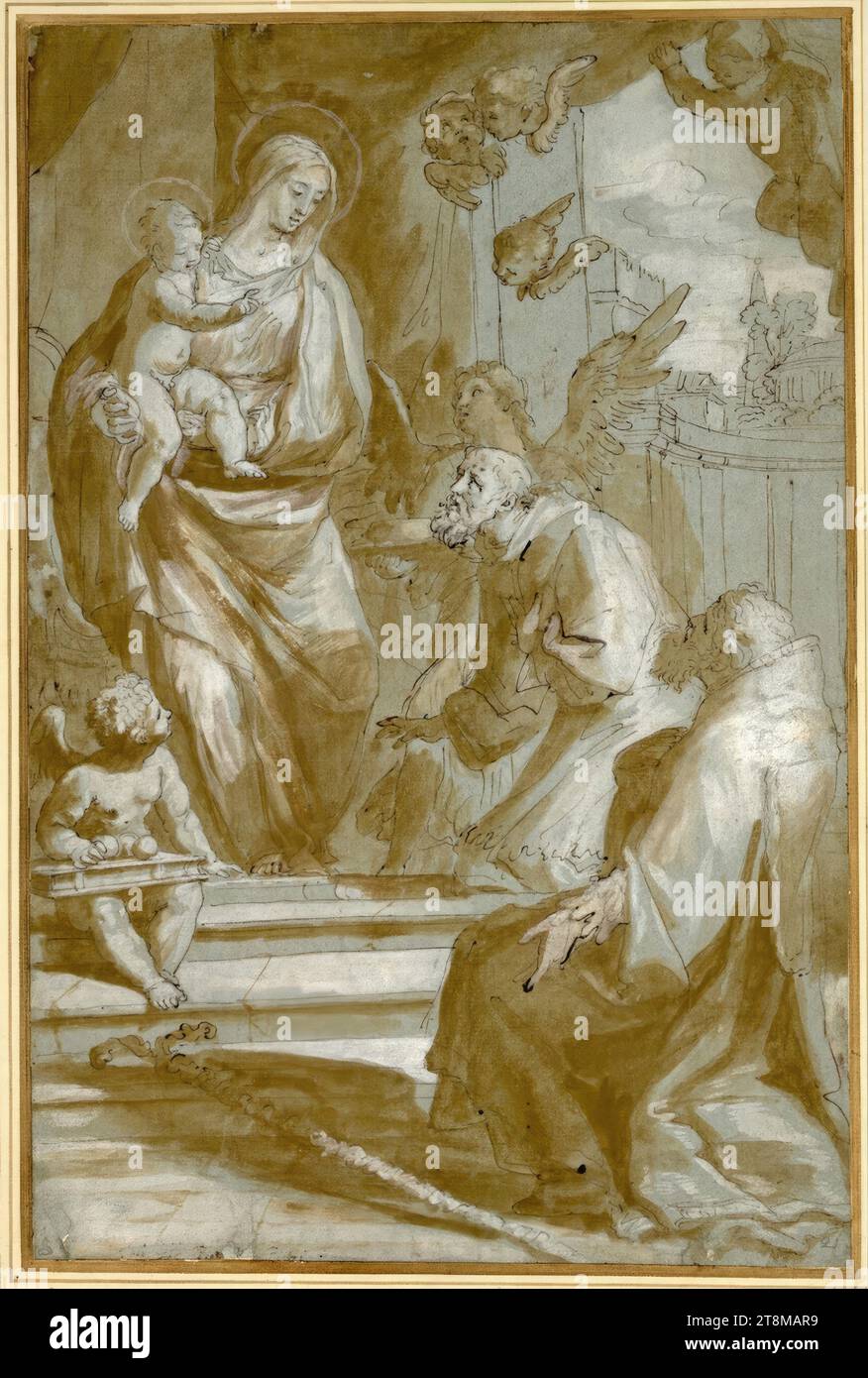 Sacra-Gespräch. Jesuskind in Mariens Armen segnet den Heiligen Jerome und den Heiligen Nikolaus von Myra, Pietro Antonio de Pietri (Italien, 1663-1716), Zeichnung, Stift; gewaschen; erhöht mit weiß; blau-graues Papier, 41,8 x 27,6 cm, l. l. l. Herzog Albert von Sachsen-Teschen, 'Del Sig: Pietro de Pietri'; Alte Kreidenummer '21' unten rechts Stockfoto