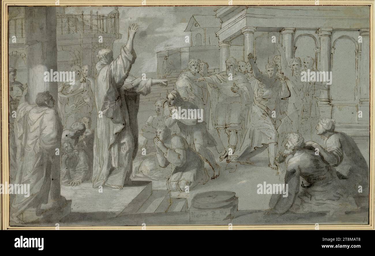 Predigt des heiligen Paulus auf dem Areopagus in Athen, Pietro Antonio de Pietri (italienisch, 1663 - 1716), Zeichnung, Stift; graues Waschen; erhöht mit weiß; blaugraues Papier, 24,8 x 40,6 cm, rechts Herzog Albrecht von Sachsen-Teschen, in der Mitte unten im Säulengrund, im grauen Pinsel der Zeichnung „Pietro di P Stockfoto