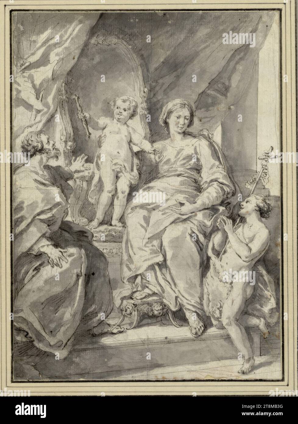 Die Heilige Familie mit dem Christuskind thront; der Jugendliche Johannes kniet auf den Stufen hinreißend, Giovanni Paolo Pannini (Piacenza 1691 - 1765 Rom), vor 1750/60, Zeichnung, Kreide, Stift, grau gewaschen, 18,6 x 13,5 cm, l.l., Herzog Albert von Sachsen-Teschen Stockfoto