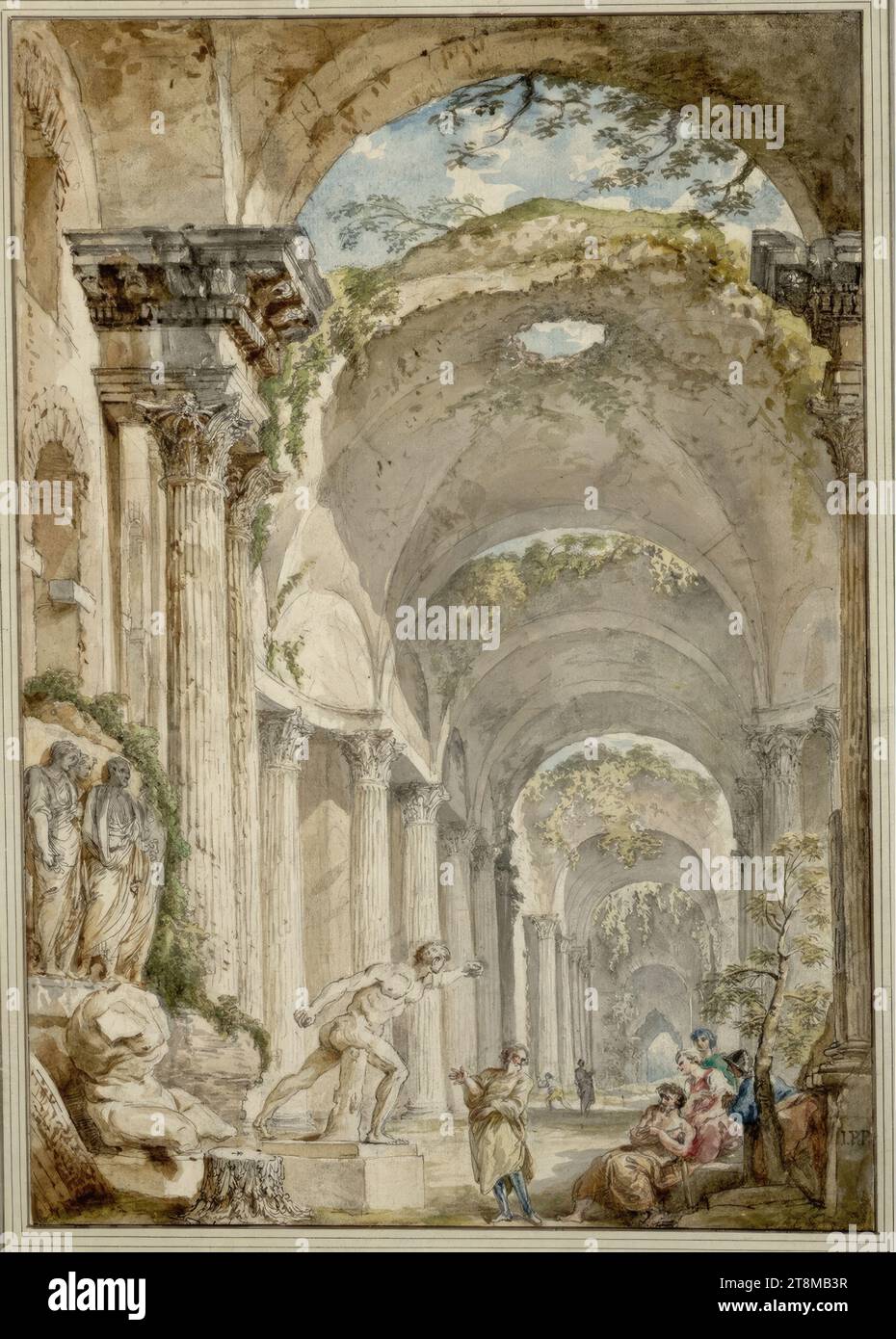 Antike Ruinen mit dem „Borghesianischen Fechter“ Giovanni Paolo Pannini (Piacenza 1691 - 1765 Rom), Zeichnung, Stift in Grau, Aquarell, 36,1 x 25,0 cm, r. r. Herzog Albert von Sachsen-Teschen, Monogramm „J. P.P“ Stockfoto