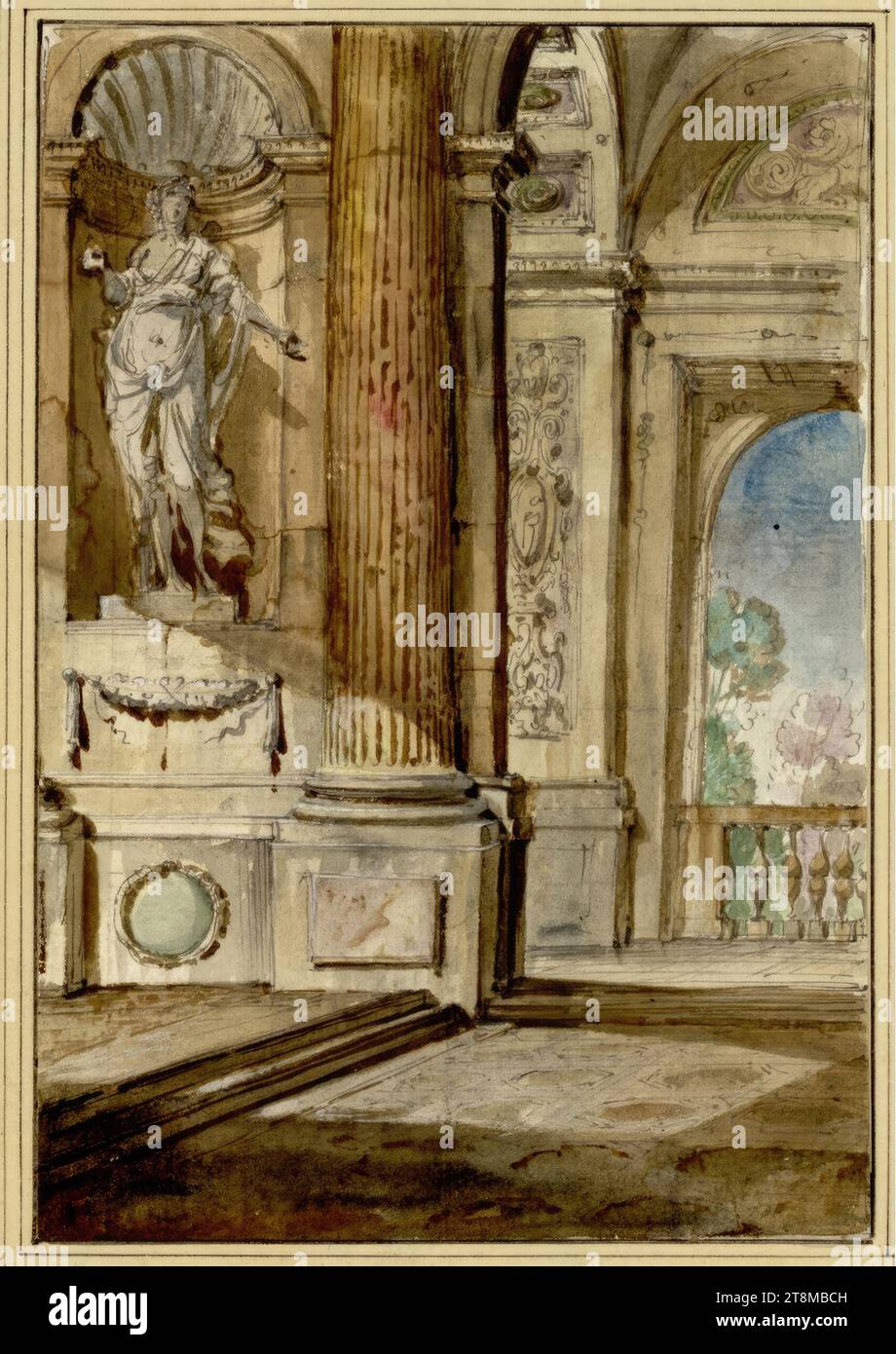 Vorraum eines Palastes mit Nische und Blick auf den Garten, Mauro Tesi (Modena 1730 - 1766 Bologna), Zeichnung, Kreide; Feder; Aquarell, 23,0 x 15,6 cm, l.l., Herzog Albrecht von Sachsen-Teschen Stockfoto