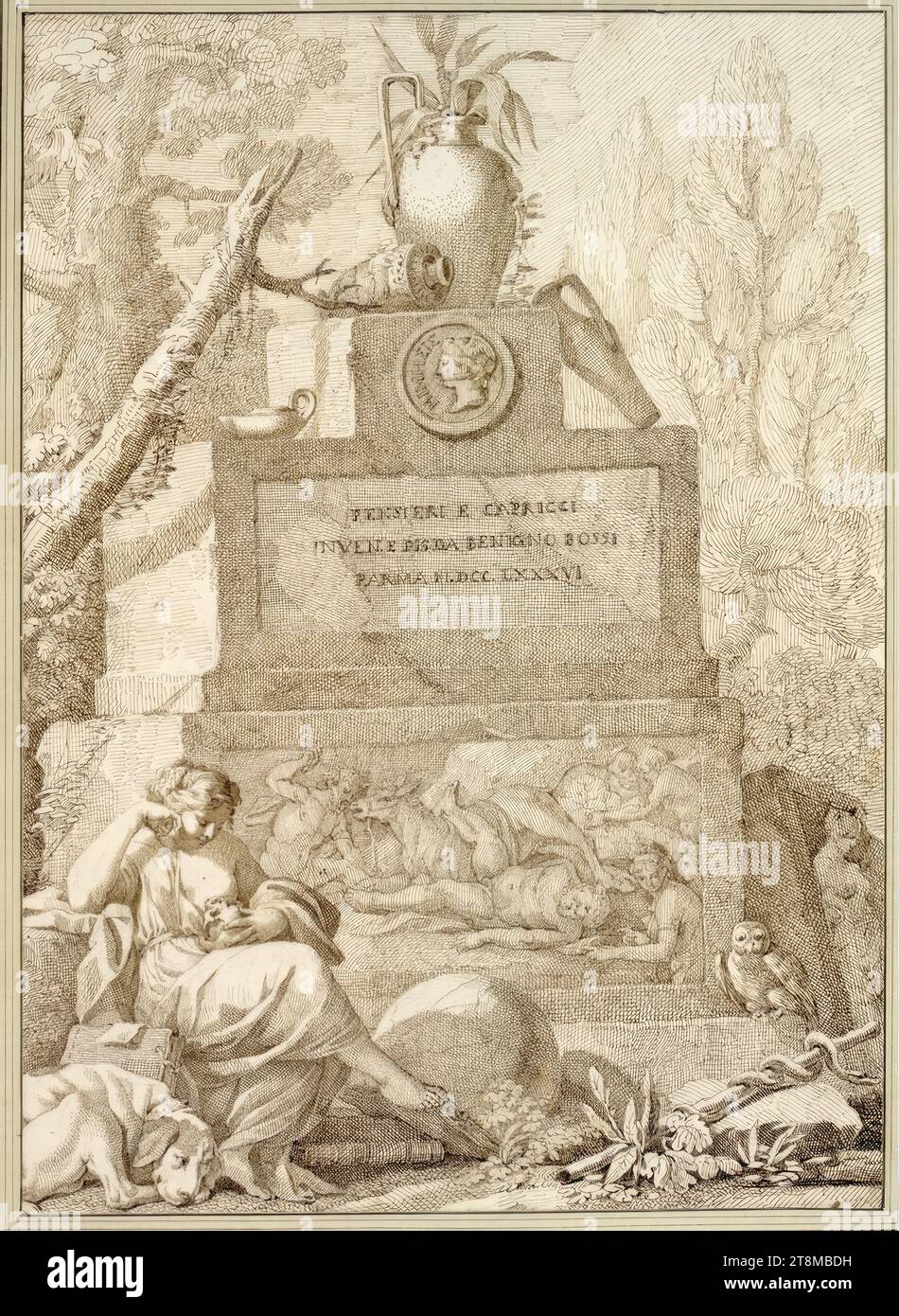 Frontispiece zu einer Gravur. (Antike Struktur mit Vase und Medaillonkopf (Mimesis); in der Basis eine Relief-Szene mit dem trinkenden Silenus; links im Vordergrund sitzende weibliche Figur mit einem Schädel im Schoß und einem Hund zu den Füßen), Benigno Bossi (Italien, 1727 - 1792), Zeichnung, Feder; in Kupferstich, 42,9 x 30,7 cm, r. r. Herzog Albert von Sachsen-Teschen, auf dem Hundehalsband vorne links monogrammiert 'B.B.'; in der Kartusche Titeltext 'PENSIERI E CAPRICCI, INVEN. E DIS. DA BENIGNO BOSSI, PARMA M.DCC.LXXXVI Stockfoto