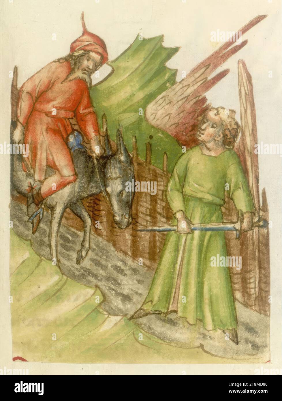 Bileam und der Engel, historische Bibel, Anonym, 1420-1430, Zeichnung, farbige Stiftzeichnung Stockfoto