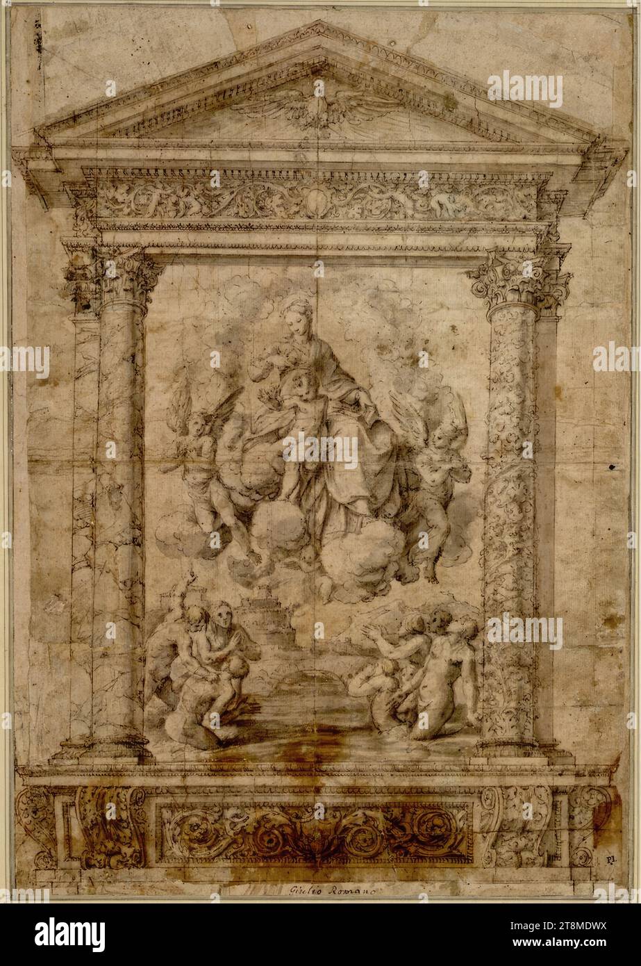 Madonna mit den armen Seelen, Polidoro Caldara da Caravaggio (Caravaggio ca. 1499 - 1543 Messina), 1527-1528, Zeichnung, Stift und braune Tinte, graue und braune Wäschen; verschiedene dünne Papierstreifen zusammengesteckt, zweimal gefaltet, 36,5 x 25,2 cm, rechts Sir Peter Lely, l.b. Herzog Albert von Sachsen-Teschen, M.u. 'Giulio Romano' (auf einem unterlegten Papier in späterer Tusche geschrieben) Stockfoto