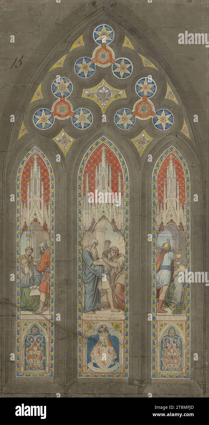 Buntglasfenster für die Kathedrale von Glasgow: Aus der Geschichte von Elisha, Engelbert Seibertz (Brilon 1813 - 1905 Arnsberg), 1861, Zeichnung, Aquarell, deckend weiß, schwarz-grauer Stift, über Bleistift, 516 x 278 mm, M.O. „No.15“ (Spitze in Braun); l.o. „rot“ Stockfoto