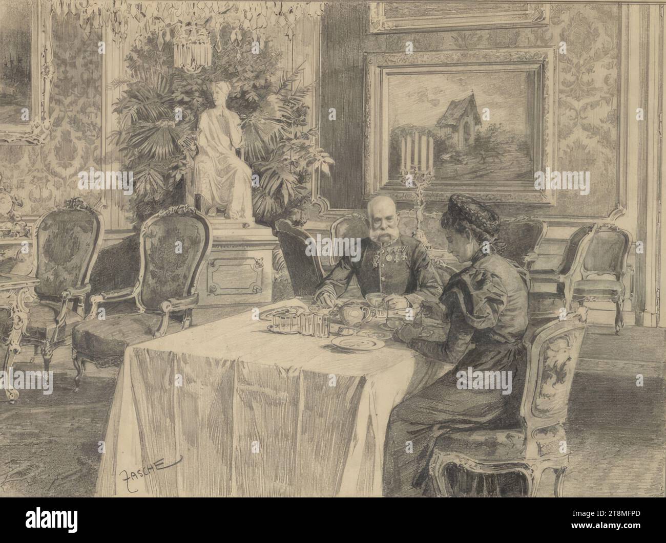Kaiser Franz Joseph beim Frühstück, Theodor Zasche (Wien 1862 - 1922 Wien), Zeichnung, Bleistift, nach Cahier: 33,2 x 41 cm Stockfoto