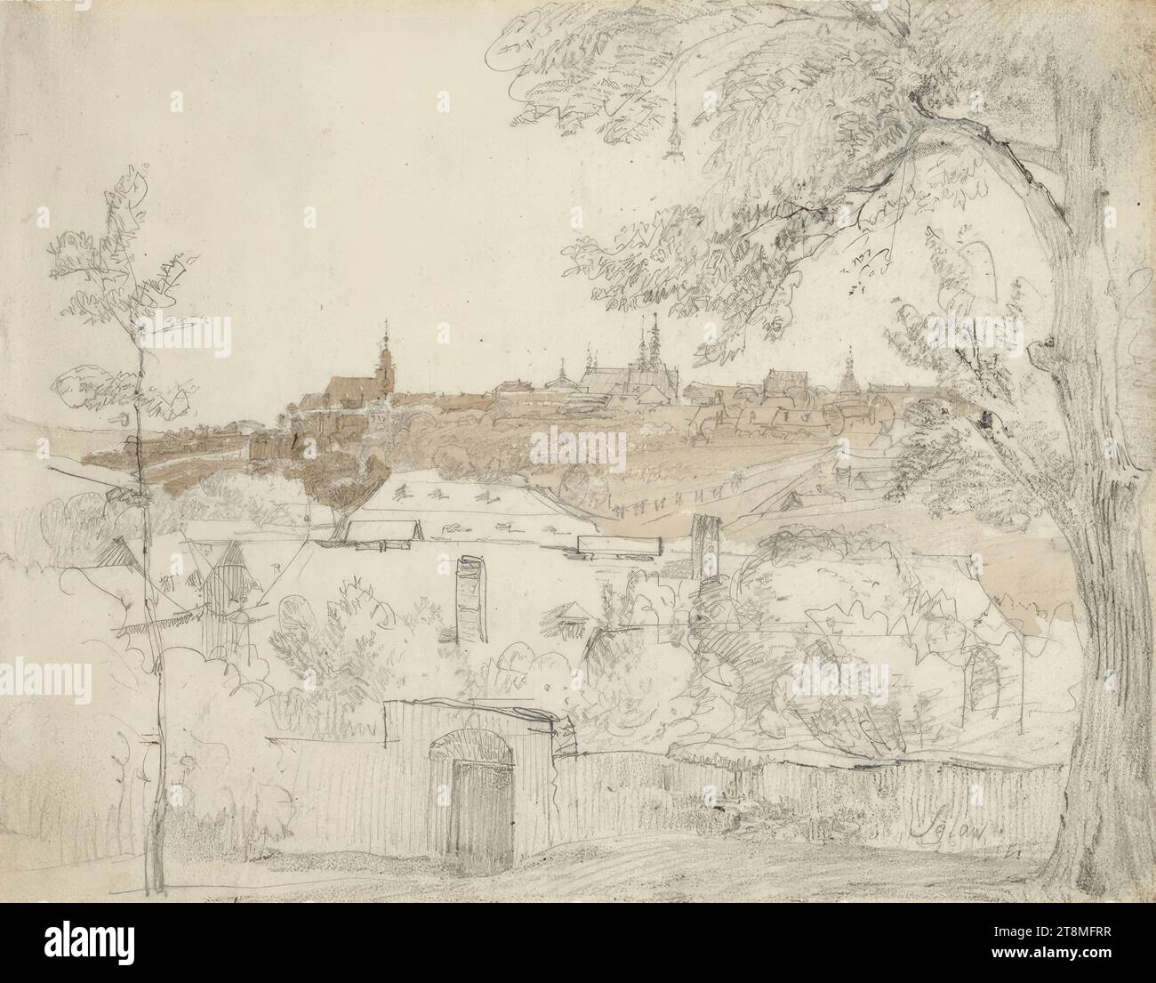 Landstadt umgeben von einer Stadtmauer, Joseph Höger (Wien 1801 - 1877 Wien), Zeichnung, Bleistift, braune Waschung, Passepartout: 14 x 17,4 cm Stockfoto