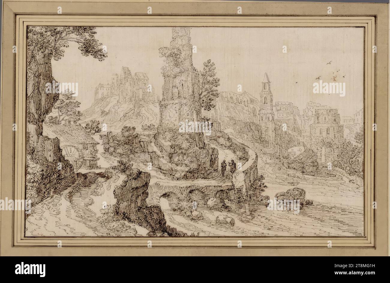 Fantastische Ruine Stadt, Isaak Major (Frankfurt am Main 1588 - nach 1642 Wien), 1. Hälfte des 17. Jahrhunderts, Zeichnung, Stift in dunklerem und hellem Braun, 14,6 x 23,4 cm Stockfoto