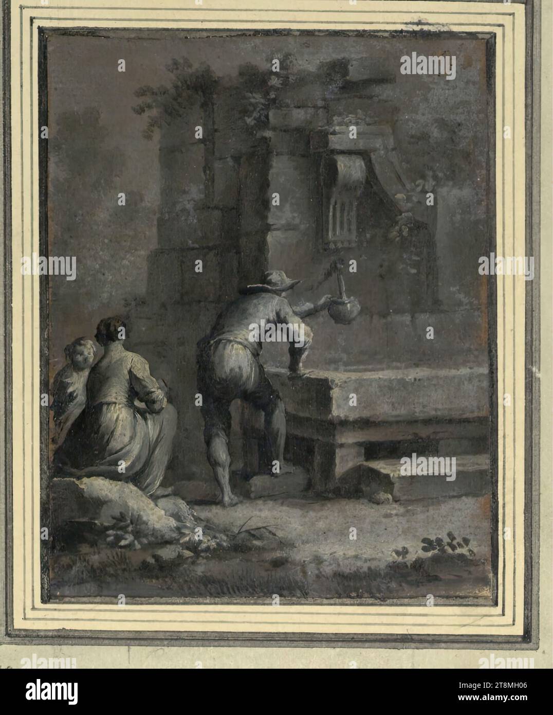 Capricci : 2. Bauernpaar mit Kind, der Bauer holt Wasser aus dem Brunnen, Franz de Paula Ferg (Wien 1689 - 1740 London), Zeichnung, Ölgrisaille auf rotbraun grundiertem Papier, 10,3 x 8,1 cm Stockfoto