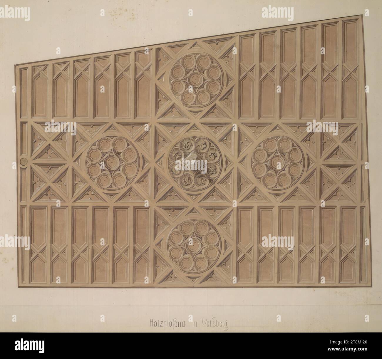 Entwurf für die Holzdecke im Schloss Wolfsberg, Skizzenbuch Romano von Ringe Johann Julius und Schwandernwein von Lanauberg August; 28 Seiten, Johann Julius Romano von Ringe (Konstanz 1818 - 1882 Wien), August Schwandernwein von Lanauberg (Wien 1817 - 1885 Wien), Skizzenbuch: 1840-1850, Zeichnung, Bleistift; Aquarell; Golderhöhung; erhöht mit weiß, Blatt: 26,7 cm x 31,6 cm, links unten 'Holzdecke in Wolfsberg', Bleistift Stockfoto