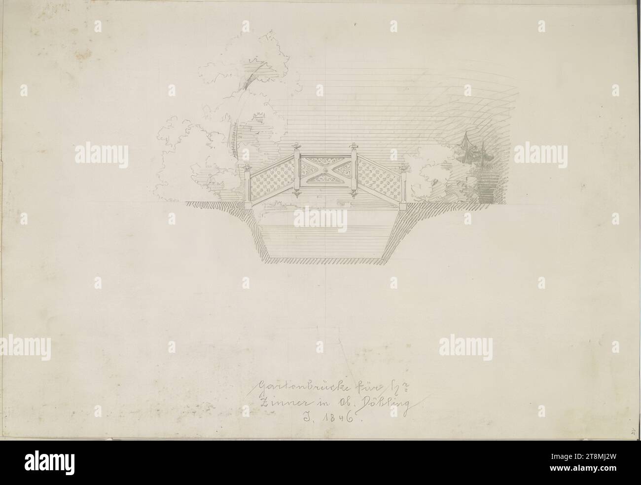 Entwurf für eine Gartenbrücke für Herrn Zinner in Oberdöbling, Romano-Skizzenbuch von Ringe Johann Julius und Schwandernwein von Lanauberg August; 30 Seiten, Johann Julius Romano von Ringe (Konstanz 1818 - 1882 Wien), August Schwandernwein von Lanauberg (Wien 1817 - 1885 Wien), 1846, Zeichnung, Bleistift, Blatt: 20 cm x 28,4 cm, unter der Unterseite „Gartenbrücke für HR, Zinner in GEBH. Döbling, J. 1846.", Bleistift Stockfoto
