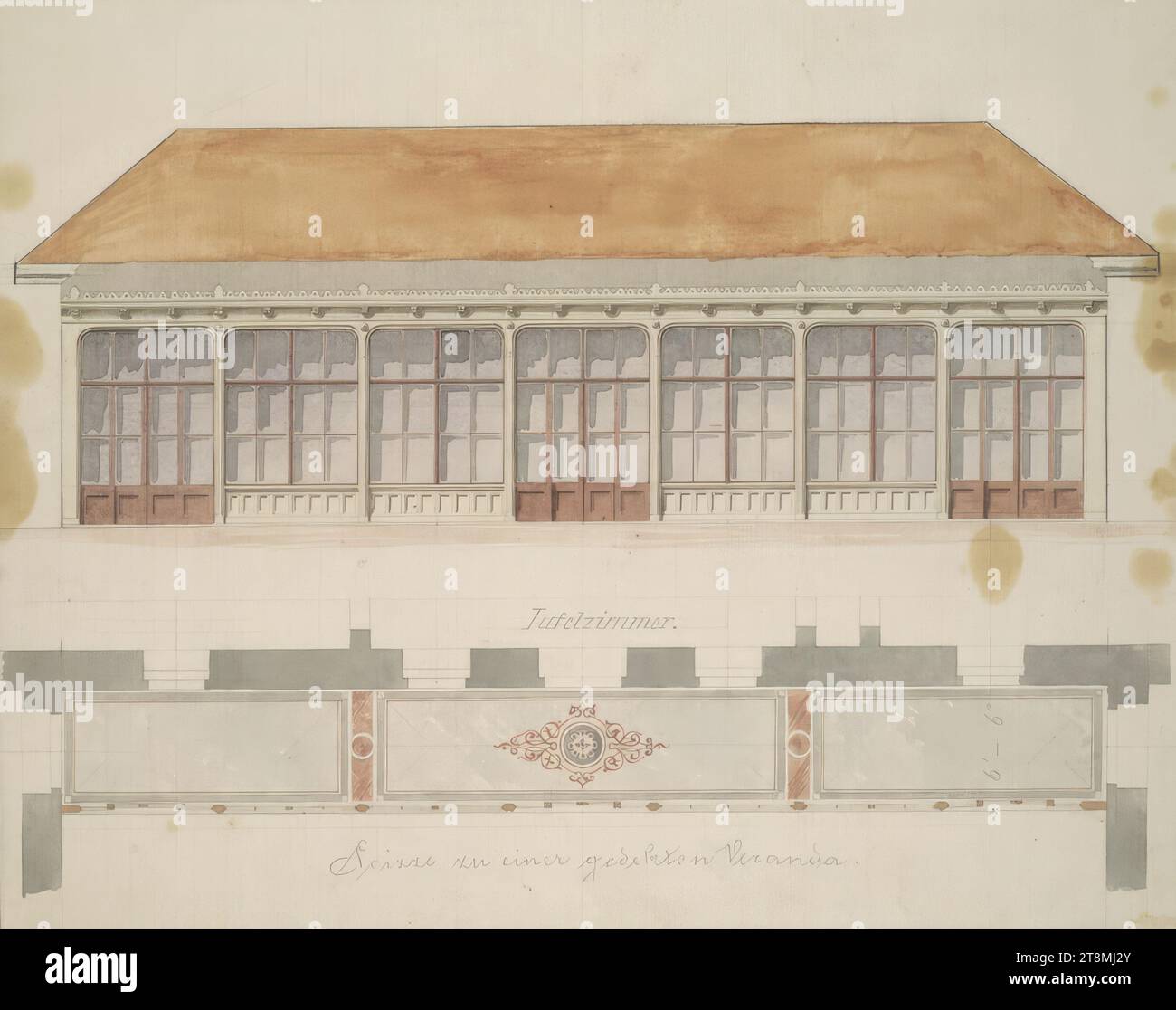 Entwurf einer überdachten Veranda, Romano-Skizzenbuch von Ringe Johann Julius und Schwandernwein von Lanauberg August; 28 Seiten, Johann Julius Romano von Ringe (Konstanz 1818 - 1882 Wien), August Schwandernwein von Lanauberg (Wien 1817 - 1885 Wien), Skizzenbuch: 1840-1850, Zeichnung, Bleistift; Aquarell, Blatt: 21,2 cm x 26,8 cm, links unten 'Scizze zu einer überdachten Veranda.', Bleistift; MM 'Tischraum', Bleistift Stockfoto