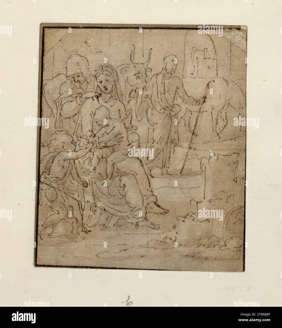 Die heilige Familie mit Elisabeth und Johannes, der heilige Joseph kümmert sich um den Ochsen und Esel, Leonard Thiry (Deventer um 1500 - um 1550 Antwerpen), Zeichnen, Stift, Tinte, Pinsel, bräunliche Waschung mit brauner Bistre, 9,6 x 8,3 cm, r.b. 'Tiris Stockfoto