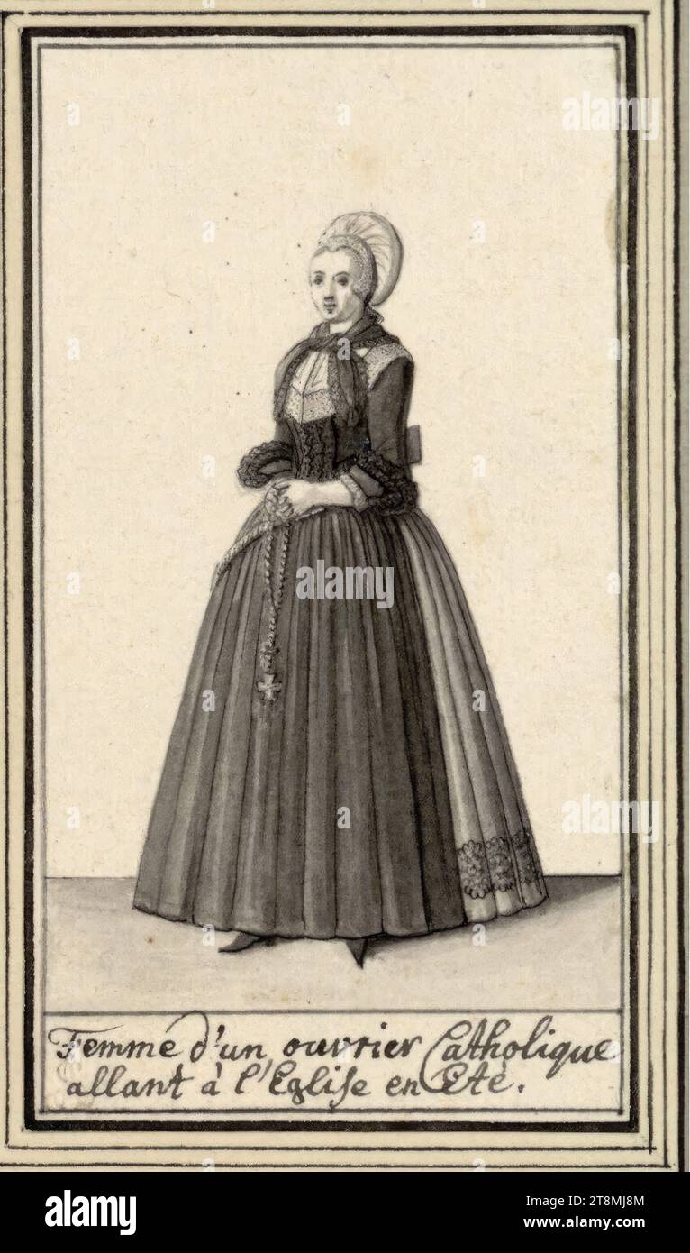 Moden der Stadt Augsburg (36 Kostümbögen): Frau eines katholischen Arbeiters, der im Sommer zur Kirche geht, Fashions der Stadt Augsburg. 36 Kostümbögen, Katharina Sperling (Augsburg 1699 - 1741 Augsburg), Zeichnung, Feder in grau, gewaschen, 11,5 x 6,5 cm, l. u. Herzog Albert von Sachsen-Teschen, u: 'Femme d'un ouvrier Catholique allant à l'Eglise en eté Stockfoto