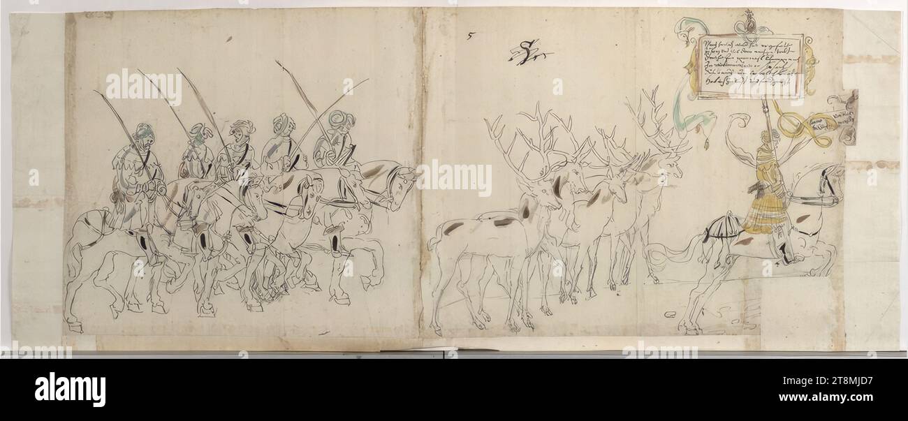 Jäger mit Hirsch (aus der 'Triumphprozession' Kaiser Maximilians I.), 17-teiliger Zyklus: Triumphprozession Maximilians (Kopie), anonym, Zeichnung, Stift, schwarz, leicht wasserfarbener Farbton auf gelblich-weißem Papier, 30 x 75 cm, rechte Aufschrift (unleserlich); Mo '5 Stockfoto