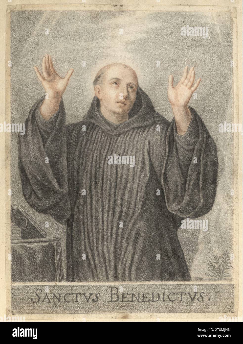 Saint Benedikt, Nicolas Bazin (Troyes 1633 - 1710 Troyes), um 1689, Zeichnung, rote Kreide, schwarze Kreide, 26 x 19,3 cm, unten links „SANCTVS BENEDICTVS“ (im Feld für die Legende des Sticks unten) Stockfoto