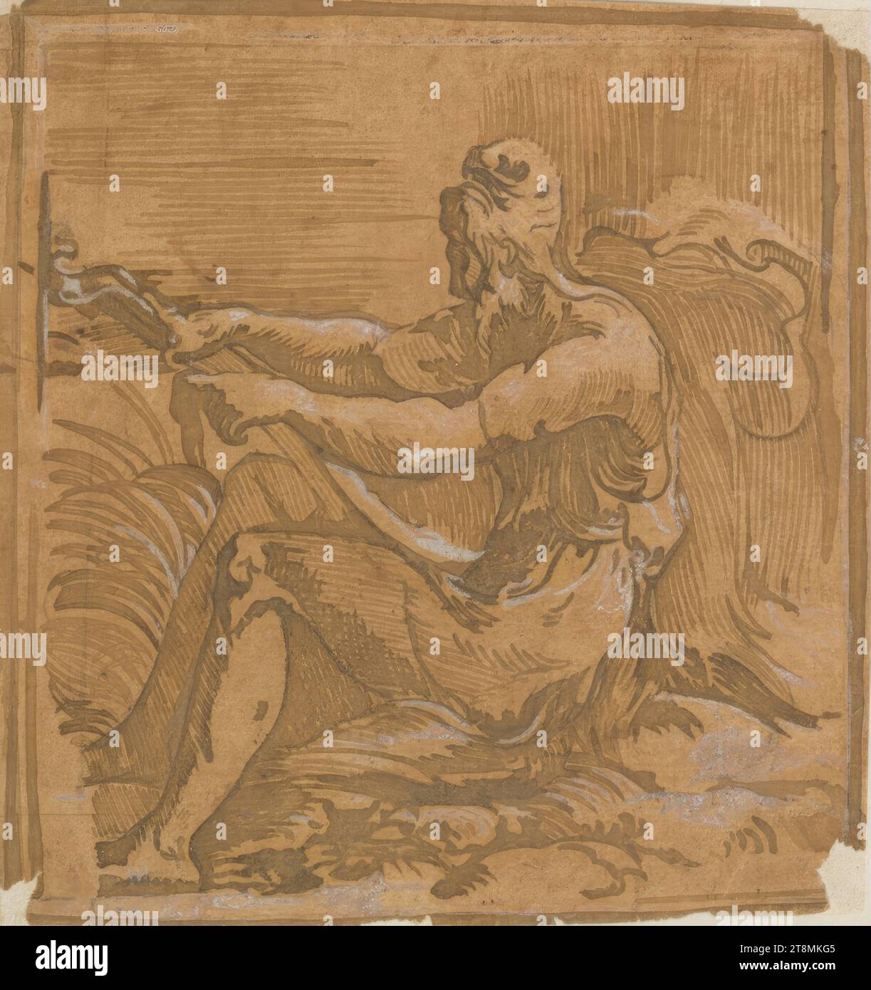 Lautenspieler, 16. Jahrhundert, Zeichnung, Pinsel und Braun auf grundiertem Papier, erhöht mit weiß Stockfoto