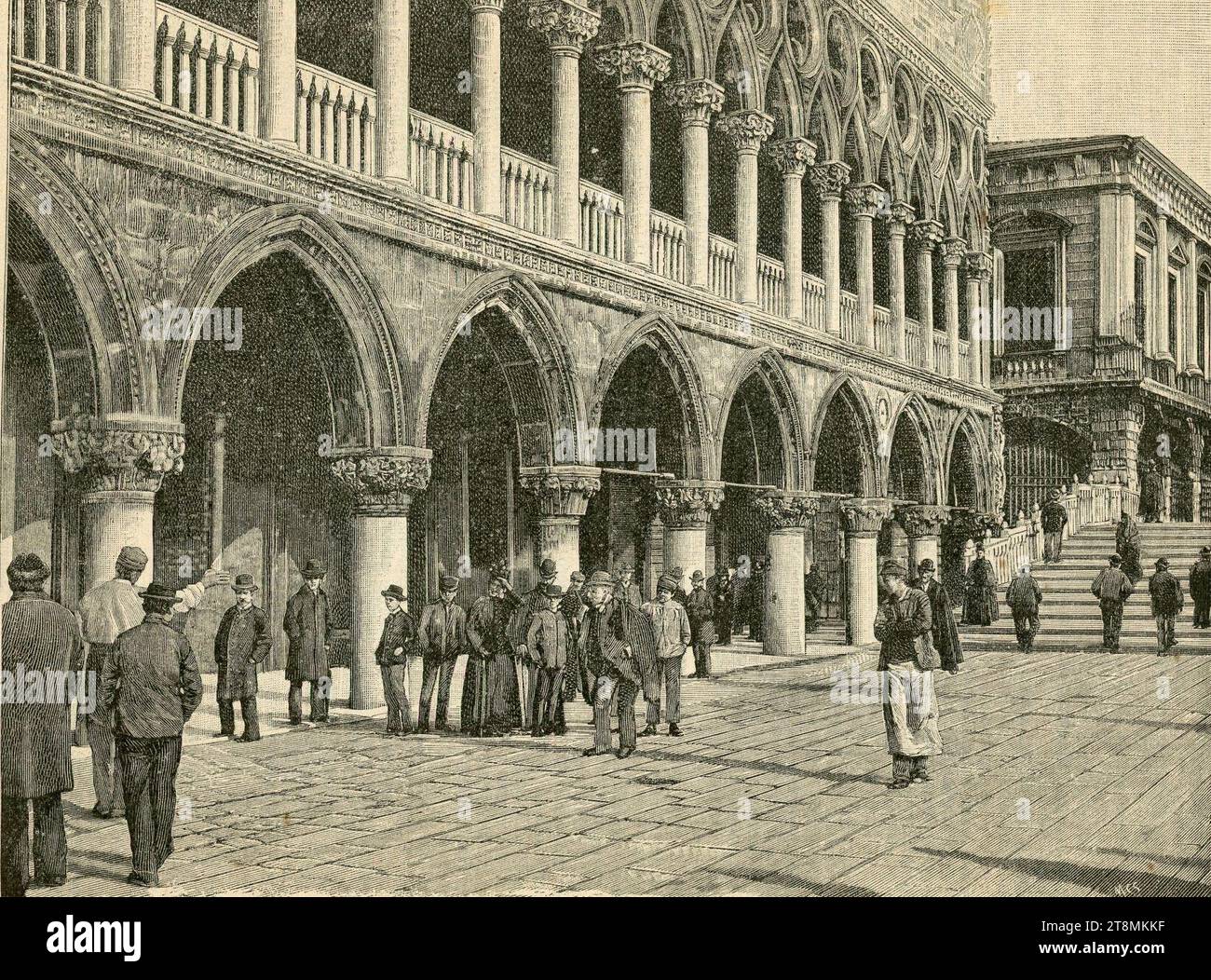 Venezia il Palazzo Ducale, cogli archi aperti dall’architetto Forcellini (xilografia). Stockfoto