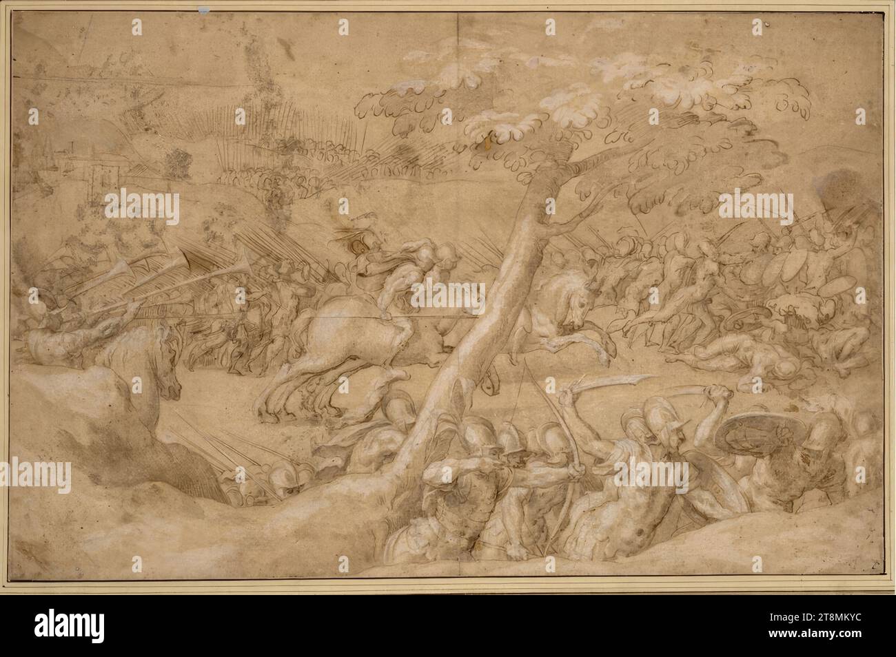 Antike Schlacht zwischen Infanterie und Kavallerie; eine Stadt links; ein Baum teilt die Darstellung in zwei Hälften, Piero Buonaccorsi genannt Perino del Vaga (Florenz 1501 - 1547 Rom), Zeichnung, Stift; graues Waschen; mit weiß erhöht; braunes Papier; Längsfalte, 27,3 x 32,3 cm, l.l., Herzog Albert von Sachsen-Teschen, in der unteren rechten Ecke mit Tinte 'C' in einer alten Hand Stockfoto