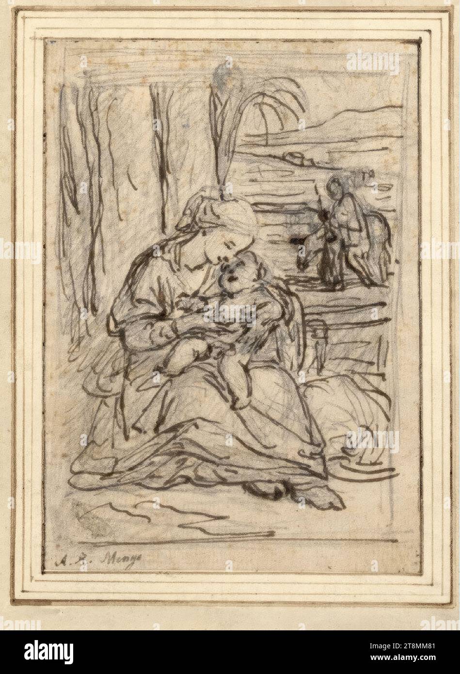 Der Rest auf dem Flug nach Ägypten, Anton Raphael Mengs (Aussig (Böhmen) 1728 - 1779 Rom), um 1772/73, Zeichnung, Bleistift, Stift in dunkelgrau-braun, 13,9 x 9,8 cm Stockfoto