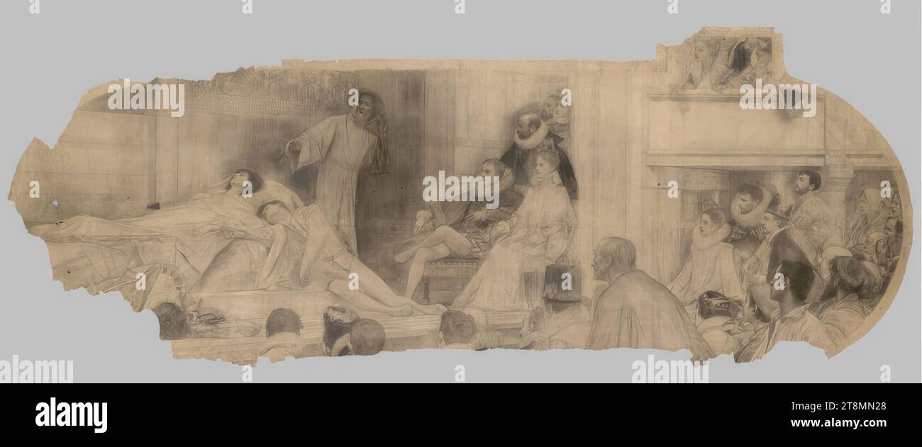 Arbeitszeichnung für die Box: 'Shakespeares Globetheater' für das Burgtheater: Romeo und Julia, Burgtheater, Gustav Klimt (Wien 1862 - 1918 Wien), 1886-1887, Zeichnung, schwarze Kreide auf Geschenkpapier, perforierte Umrisse, 220 x 550 cm Stockfoto