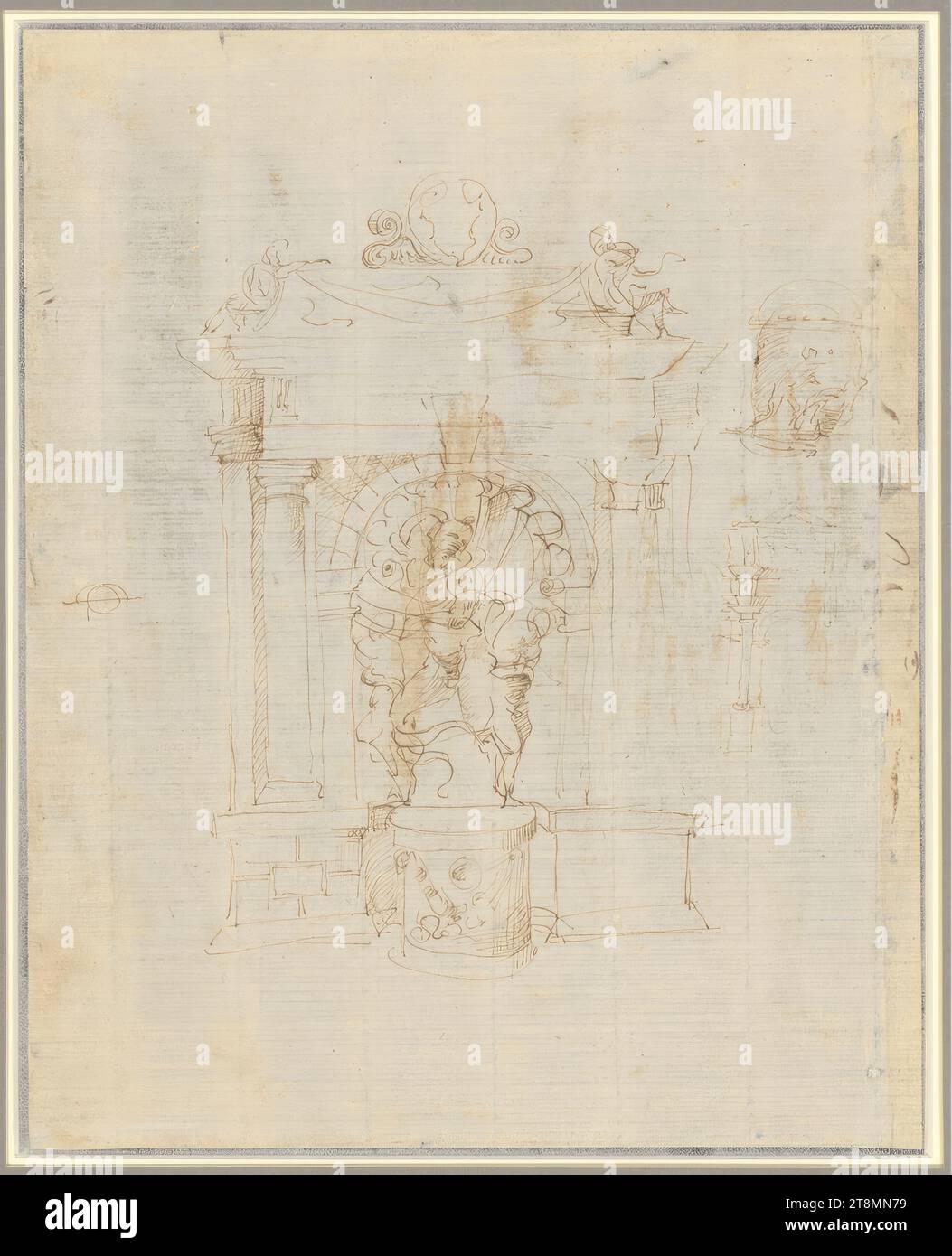 Entwurf einer Nische für die Gründung der Laocoön-Gruppe; zwei weitere Skizzen, Antonio da Sangallo (der ältere) (Florenz 1455–1534 Florenz), Zeichnung, Stift, 34 x 27,1 cm Stockfoto