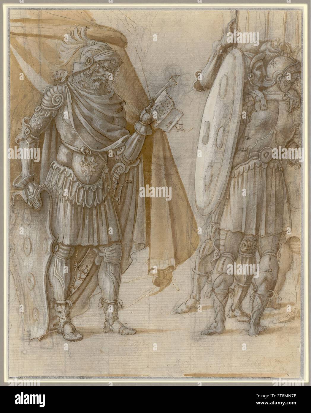 Links ein General, der aus seinem Zelt kommt und einen Brief liest; rechts eine Gruppe von Kriegern, die sich abwenden, Antonio da Sangallo (der ältere) (Florenz 1455 - 1534 Florenz), Zeichnung, Kreide; Feder; grau-braun und hellbraun gewaschen; weiß erhöht, 34 x 27,1 cm, l. l. l. Herzog Albert von Sachsen-Teschen, darunter löschte Sammlernotiz aus dem 18. Jahrhundert 'Giuliano da San Gallo archi' Stockfoto