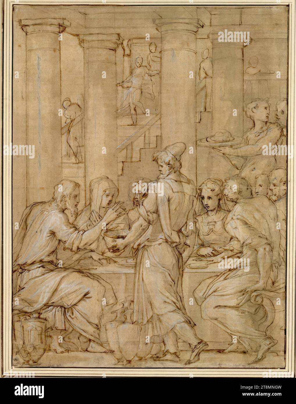 Die Hochzeit von Cana. Christus sitzt in einem Säulengang links am Ende der Tafel; in der Mitte sieht der Chef der Köche von hinten, daneben die Krüge, auf denen das Wunder geschieht; Hi. Eine Treppe von li. Und rechts oben Giorgio Vasari (Arezzo 1511–1574 Florenz), Zeichnung, Kreide; Feder; gewaschen; weiß erhöht, 30,8 x 23,4 cm, l. l. l. Herzog Albert von Sachsen-Teschen, gelöschte Bleistiftschrift 'George Vasari' unten rechts Stockfoto