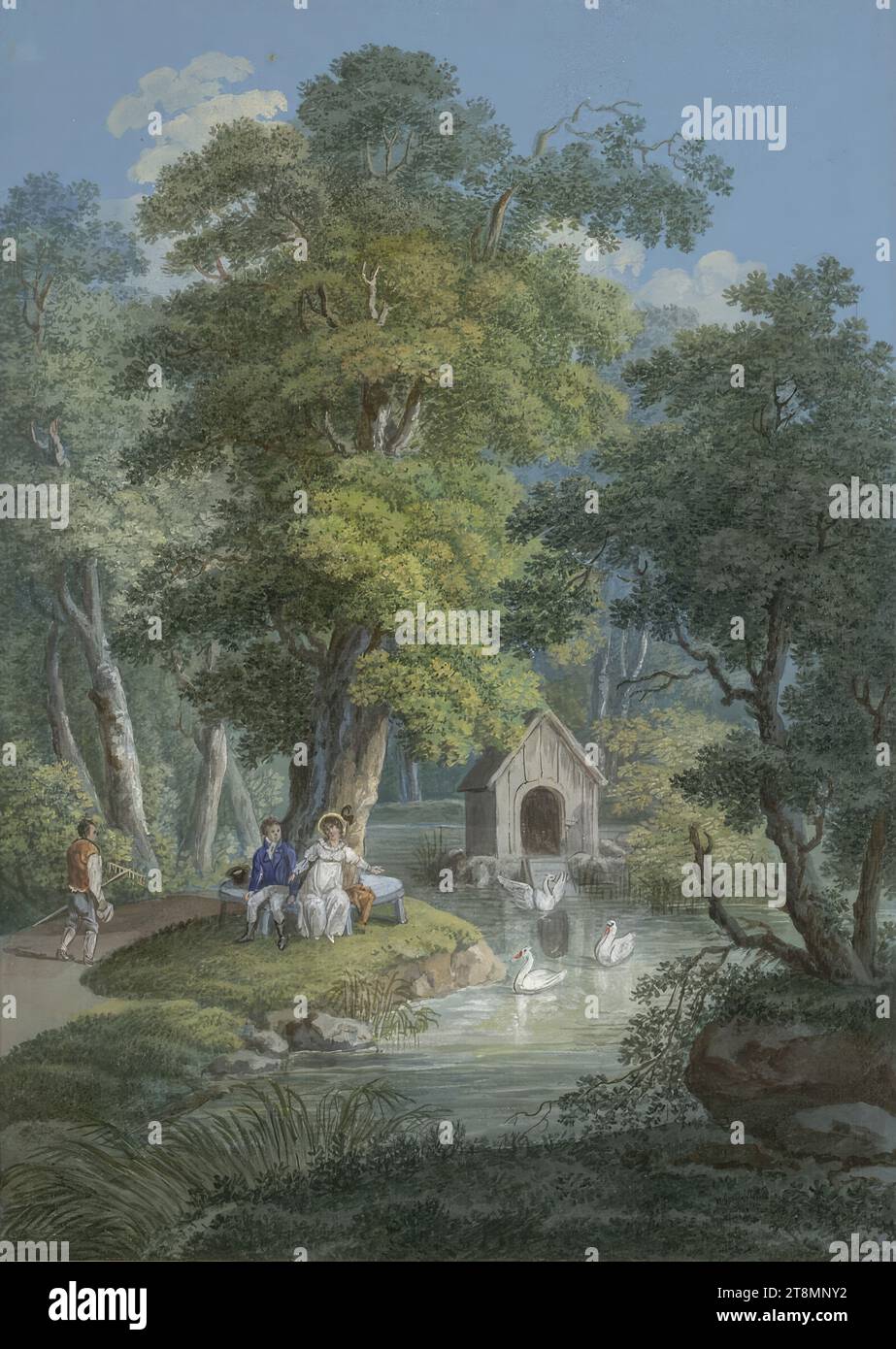 Edles Paar auf einer Bank unter einer Eiche am Wasser und grüßt Gärtner im Park, J. Cointrell, 1817, Zeichnung, Gouache, auf blauem Papier, 27 x 19,3 cm Stockfoto