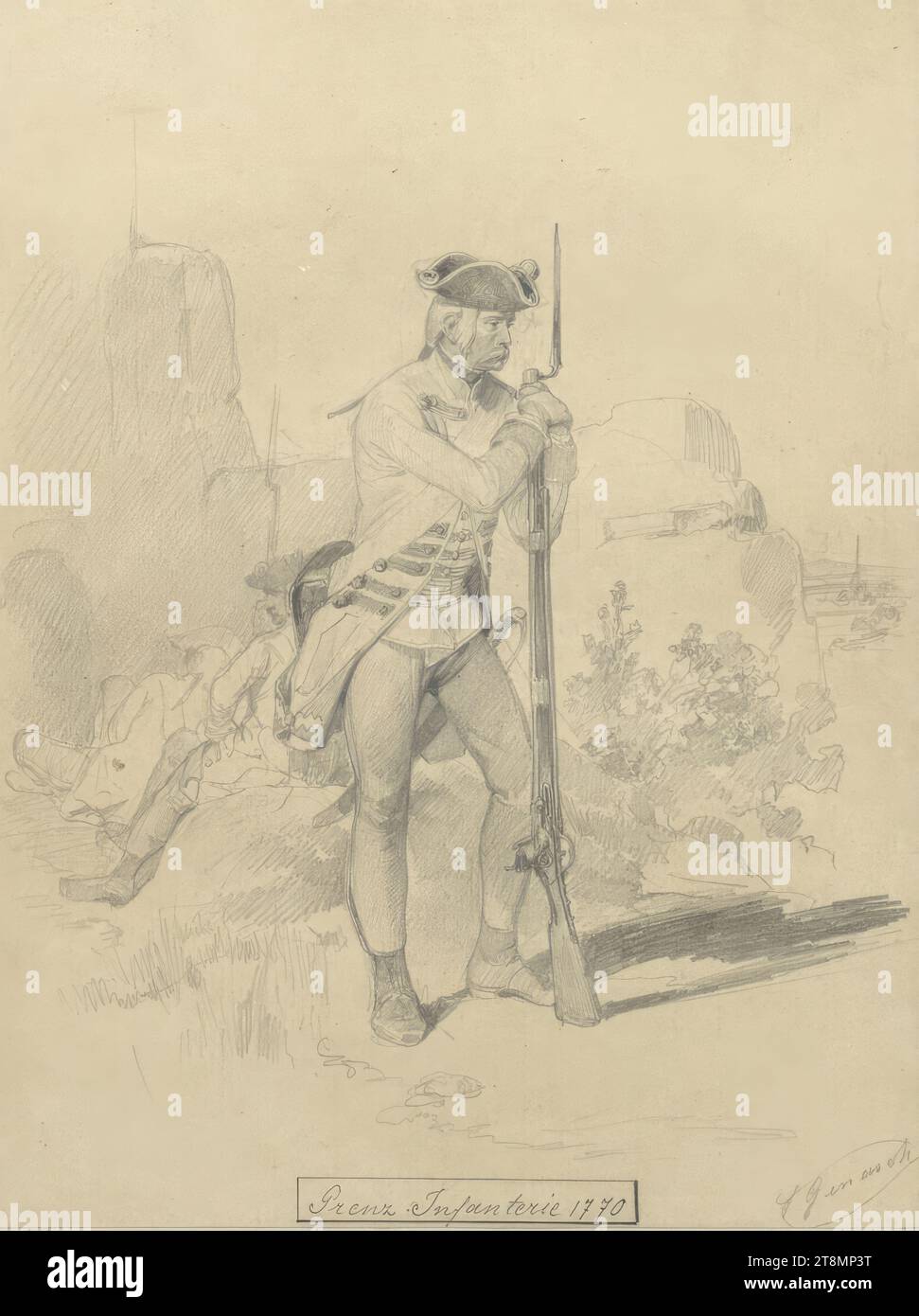 Grenzinfanterie, Franz Gerasch (Wien 1826 - 1906 Wien), 1849-1856, Zeichnung, Bleistift, weiße Höhe, braunes Papier, 22,4 x 16,9 cm, m.u. 'Border Infantry 1770 Stockfoto