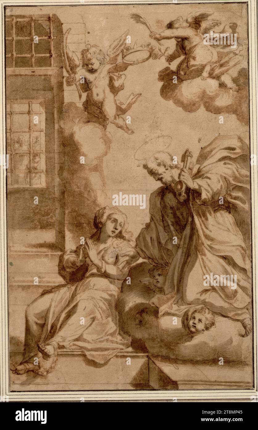 Der heilige Petrus erscheint einem heiligen Märtyrer im Gefängnis; über ihnen zwei Engel mit der Krone und der Palme des Märtyrers, anonym, Zeichnung, Stift; Kreide; gewaschen; braunes Papier, 33 x 21 cm, l.l., Herzog Albert von Sachsen-Teschen Stockfoto