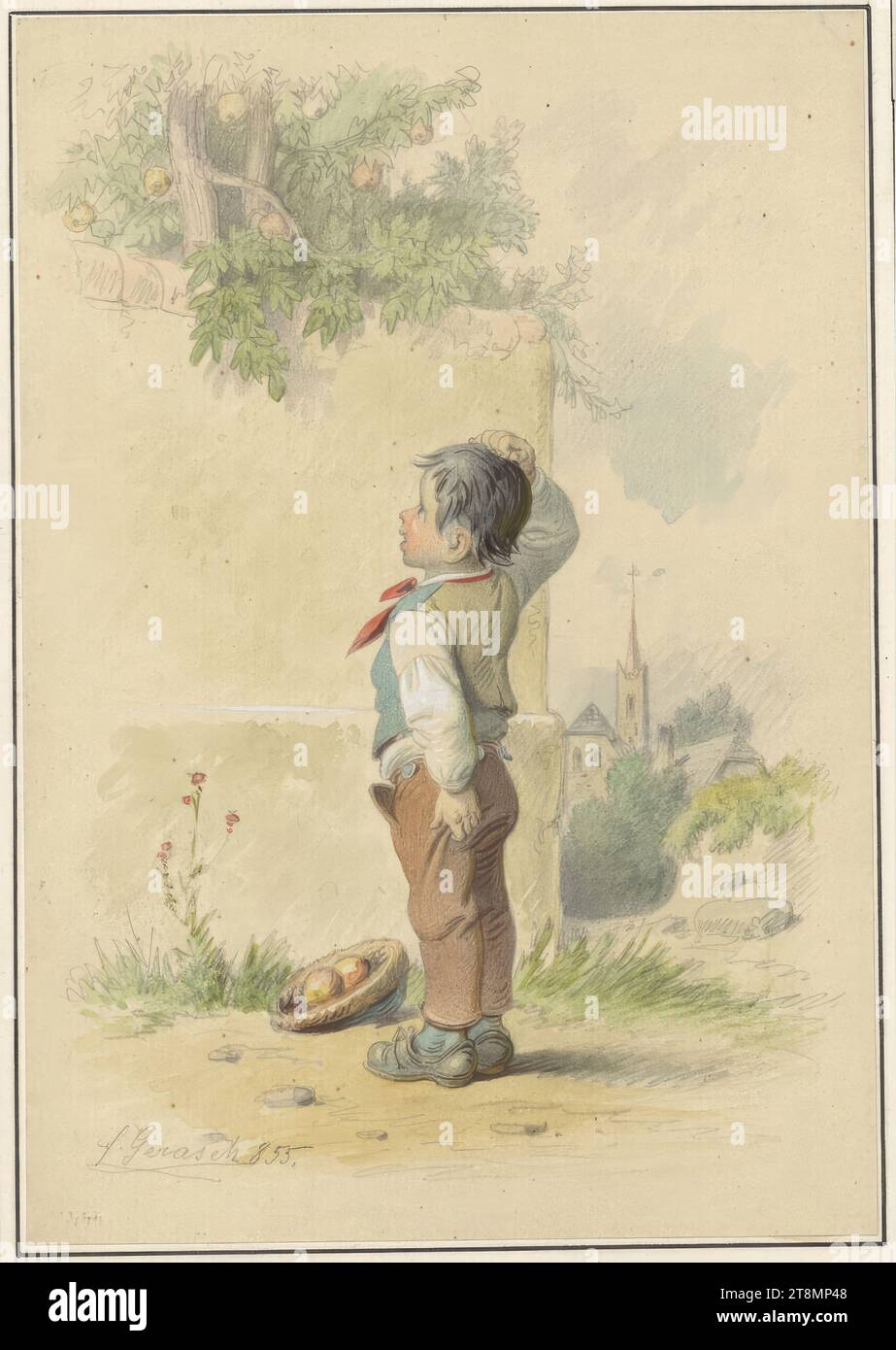 Der Apfeldieb, 5-teilige Serie: Genre-Szenen, Franz Gerasch (Wien 1826 - 1906 Wien), 1855, Zeichnung, Bleistift, Buntstift, 18,1 x 12,6 cm Stockfoto