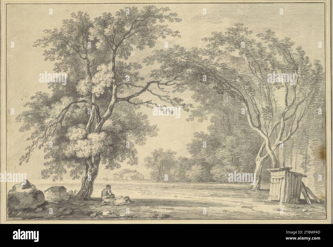 Landschaft mit zwei Männern im Schatten eines großen Baumes, Johann Nepomuk Gibèle (Württemberg 1775 - nach 1836 Paris), vor 1800, Zeichnung, Bleistift und schwarze Kreide, 30,7 x 45,5 cm, l. l. l. Herzog Albert von Sachsen-Teschen Stockfoto