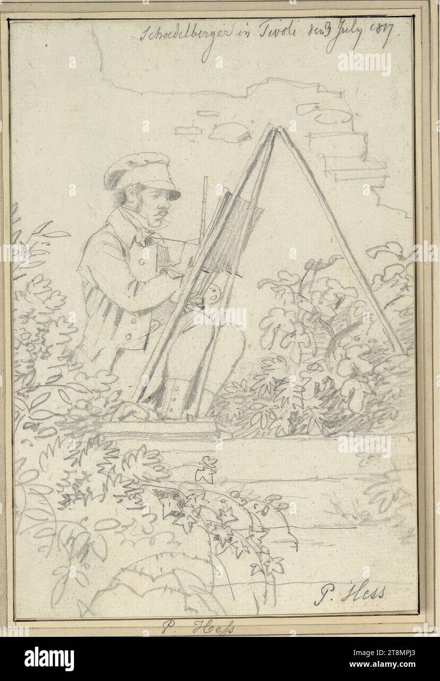 Johann Schödelberger vor seiner Staffelei in Tivoli, Peter von Hess (Düsseldorf 1792 - 1871 München), 1817, Zeichnung, Bleistift, 16,7 x 11,2 cm Stockfoto