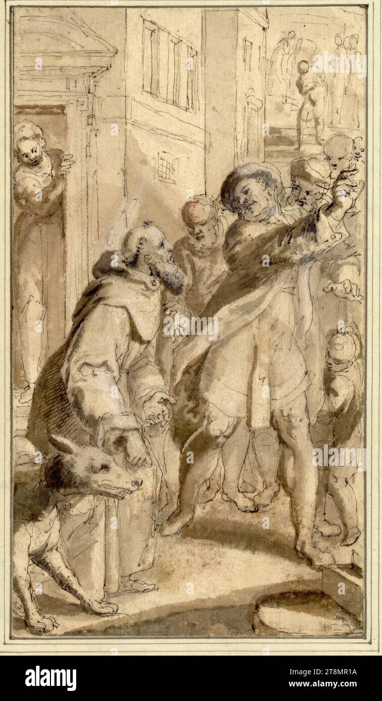 Der heilige Arnulf streift mit einem Wolf durch eine belebte Gasse und erschreckt einige Leute, die auf ihn zukommen; links sieht eine Frau aus einer Tür, anonym, zeichnend, Kreide; Feder; Braun-Grau-Waschung, 23 x 11,8 cm, r.r. Zoomer; l.b. Herzog Albrecht von Sachsen-Teschen Stockfoto