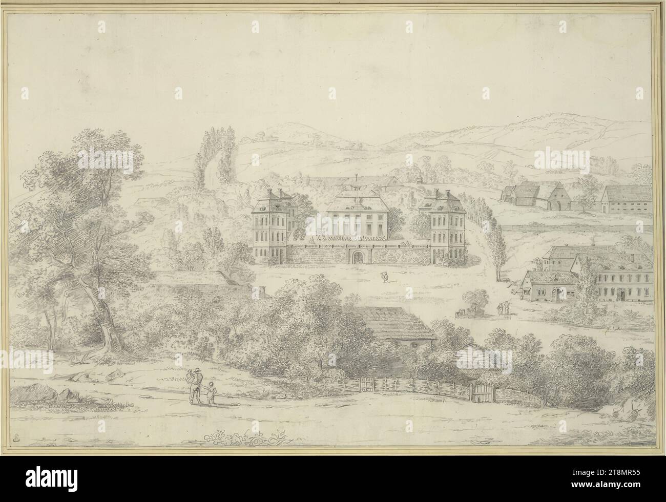 Schloß Wittentz des Grafen Erdoedy, Xavier Laurent, Zeichnung, Bleistift; Bleistiftbindungslinie, 33,9 x 50,7 cm (13 3/8 x 19 15/16 in.), l.u. Herzog Albert von Sachsen-Teschen, Passepartout: on Albertmontierung 'Xavier Laurent', 'La Vue du Château de Wittentz gehört zur mème <, Erdoedy Stockfoto