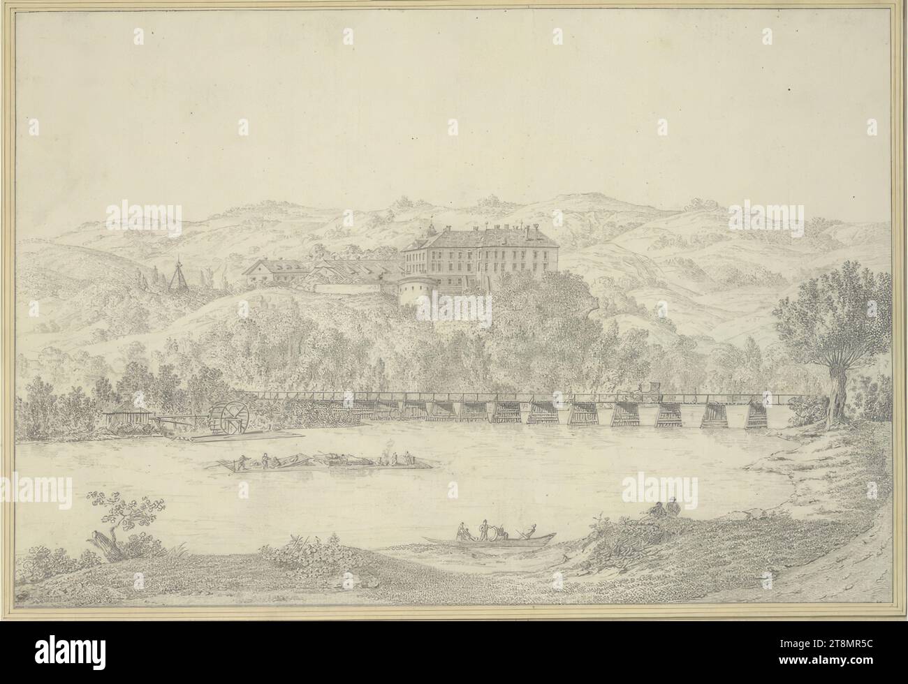 Schloss Galgötz, oder Freystadt an der Waag in Ungarn, Xavier Laurent, Zeichnung, Bleistift; Bleistiftrahmung, 34,4 x 50,8 cm 9/16, l.l., Herzog Albert von Sachsen-Teschen, Passepartout: auf Albert-Berg 'Xavier Laurent', 'La Vue du Château de Glgötz, ou Freystadt sur la Waag en Hongrie, Appartiment du dit Comte <, Erdoedy Stockfoto