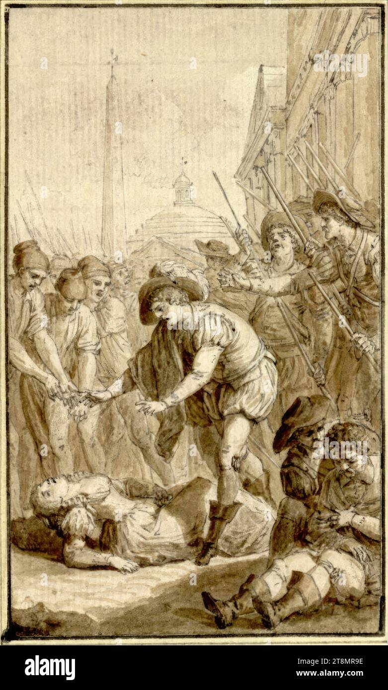 Dramatische Kostümszene aus dem 16. Jahrhundert auf einem antiken Forum (vor entsetzter Menge stürzt ein junger Mann auf eine Frau zu, die sich erstechen will), Jacob Wilhelm Mechau (Leipzig 1745 - 1808 Dresden), 2. Hälfte des 18. Jahrhunderts, Zeichnung, schwarzer Stift, brauner Pinsel, gewaschen, über Bleistiftmarkierungen, 11,8 x 7 cm, l.l., Herzog Albert von Sachsen-Teschen Stockfoto