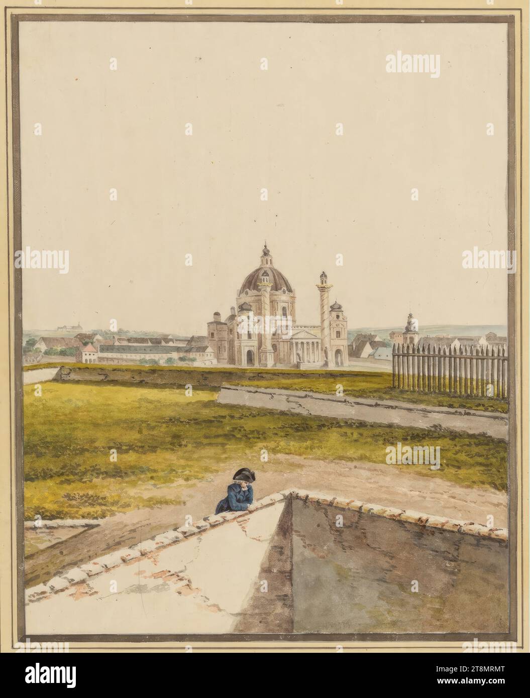 Karlskirche von der Bastion aus gesehen, Martin von Molitor (Wien 1759–1812 Wien), um 1800, Zeichnung, Stift und graue Tinte, Aquarell, 26,4 x 21 cm, r. r. Herzog Albert von Sachsen-Teschen Stockfoto