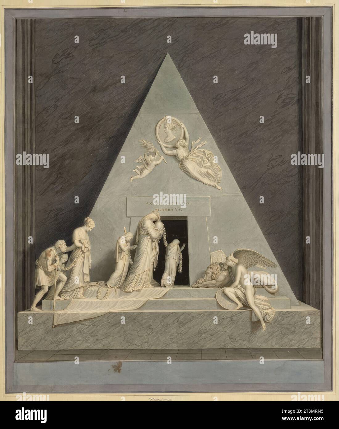 Grabmal der Erzherzogin Marie Christine von Antonio Canova, Johann Maria Monsorno (Varena di Fiemme (Trentino) 1768 - 1836 Wien), Zeichnung, Ätzung, ausgeführt mit Pinsel in grau und schwarz und mit Stift in schwarz; violetter Rahmen, 42,4 x 35,9 cm, l.l. Herzog Albert von Sachsen-Teschen, M. u. 'Monsorno' l. unter Darst 'A. Canova inv et (Schreibschrift der Ätzung); r.b. 'J Merz del et Sculp.' (Beschriftung der Ätzung Stockfoto