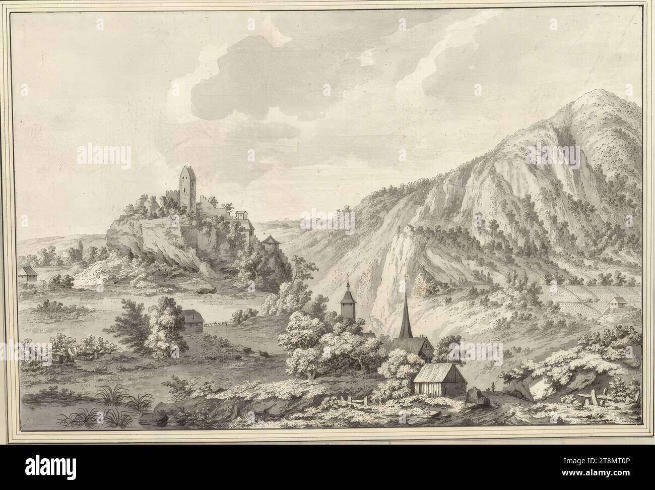 Schloss Baden in Aargau, Matthias Pfenninger (Zürich 1739 - 1813 Zürich), vor 1789, Zeichnung, Ätzen, Grauwaschen, Bleistiftmarkierungen in den bewölkten Bereichen, 27,8 x 41,2 cm, l.l. Herzog Albert von Sachsen-Teschen, Passepartout: auf Albert Mount 'Pfenninger', 'Vue du Chateau de Baden en Suisse Stockfoto