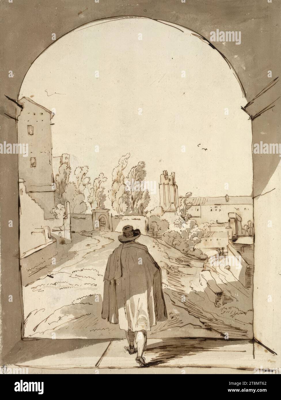 Kopie nach Michelangelo di Pace, genannt Campidoglio: Blick vom Kolosseum zum Torre delle Milizie in Rom; unter dem Torbogen ein Mann von hinten gesehen, Johann Christian Reinhart (Hof, Oberfranken 1761 - 1847 Rom), 1785-86, Zeichnung, Stift und Tinte in Braun, gewaschen, 39,7 x 30,1 cm, l. l. l. Johann Gottlob Schumann (L. 2344); r. b. Herzog Albert von Sachsen-Teschen, L. u. C. Reinhard (Bleistift, gelöscht, nicht Autogramm); l.o. '60' (Blei Stockfoto