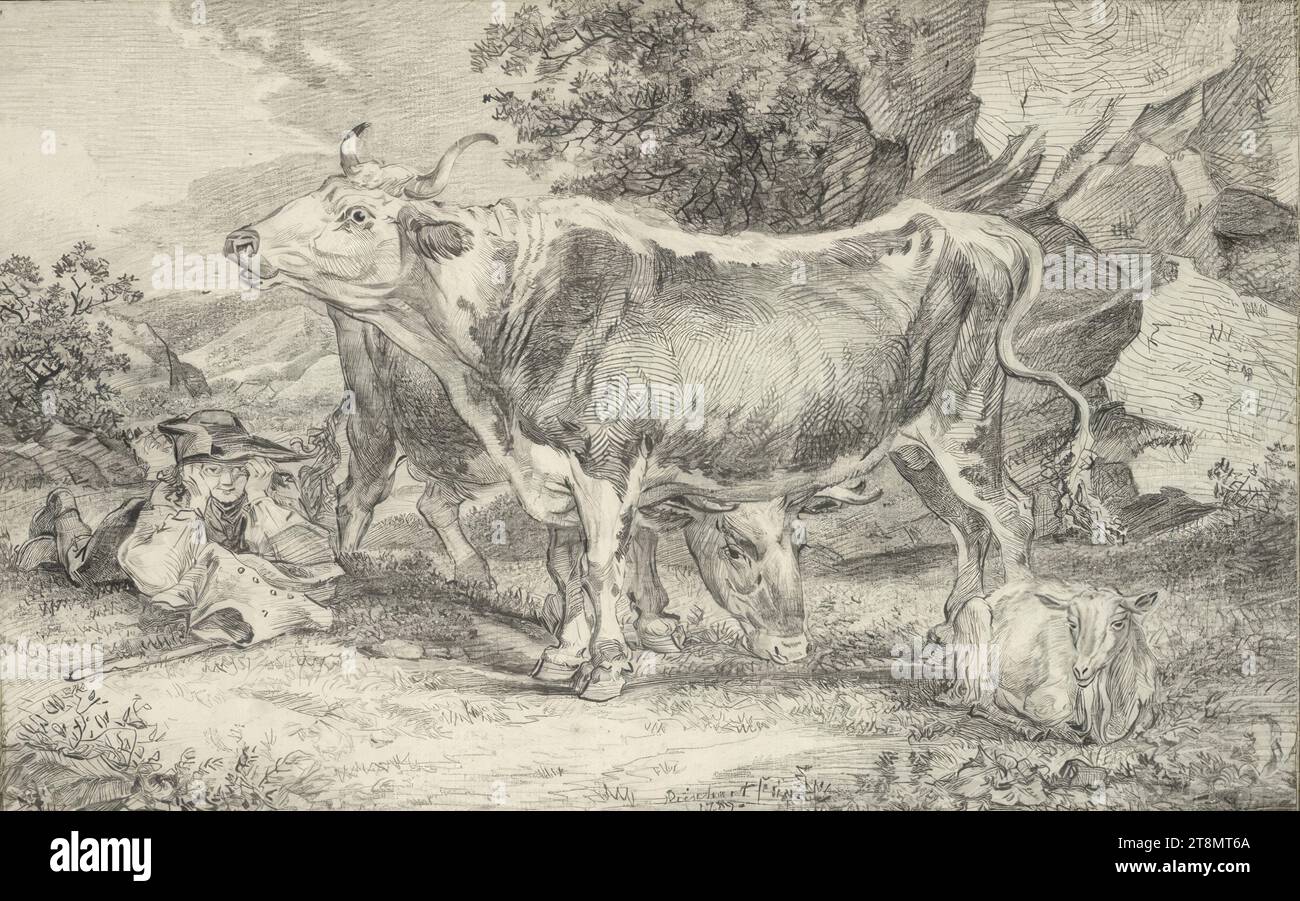 Rinder, Kuh und Ziege von einem Hirtenjungen, Johann Christian Reinhart (Hof, Oberfranken 1761–1847 Rom), 1789, Zeichnung, schwarze Kreide, 23,1 x 36,3 cm, l. l. l. Herzog Albert von Sachsen-Teschen Stockfoto