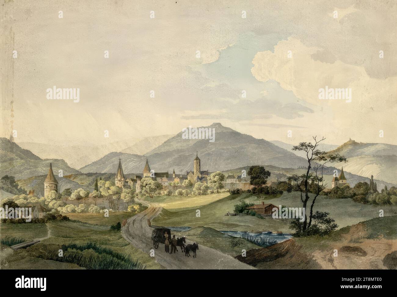 Markt in Oberösterreich, Stadt mit mittelalterlichen Mauern, Johann Nepomuk Schödlberger (Wien 1779 - 1853 Wien), um 1815, Zeichnung, Aquarell, 22,8 x 33,3 cm Stockfoto