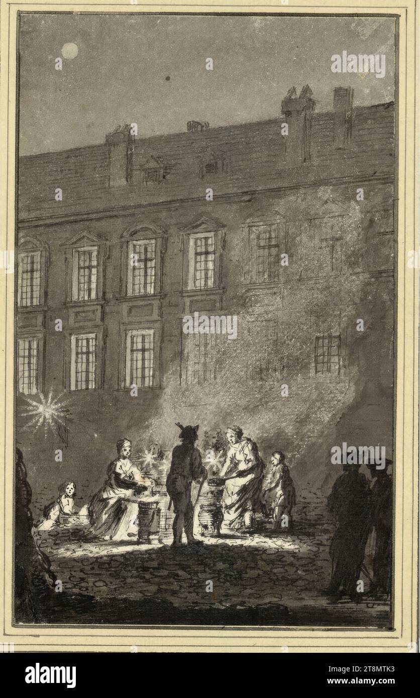 Frauen und Soldaten, die nachts Kastanien im Innenhof eines Schlosses rösten, Carl Schütz (Laibach 1745–1800 Wien), um 1785, Zeichnung, Tusche, 17,8 x 11 cm, l. und Herzog Albrecht von Sachsen-Teschen Stockfoto