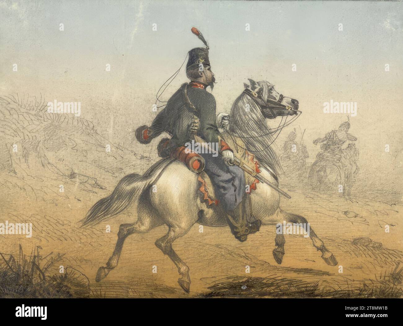 Französischer Husar, Anton Strassgschwandtner (Wien 1826 - 1881 Wien), um 1850, Zeichnung, Bleistift, Aquarell, 9,8 x 13,1 cm Stockfoto